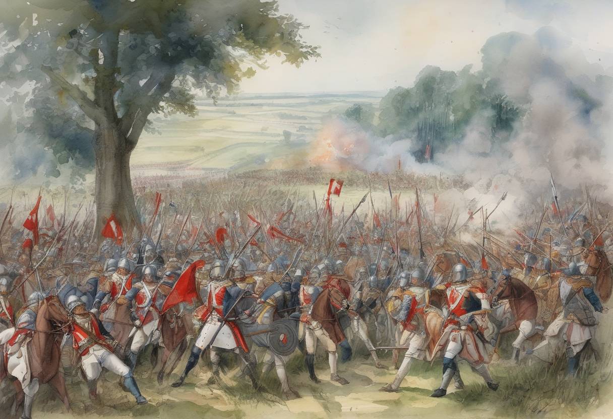 Watercolor painting based depiction of The Battle of Fontenoy took place, where forces led by Charles the Bald and Louis the German defeated Lothair I, the Holy Roman Emperor, in a significant conflict during the Carolingian Civil War. (841)