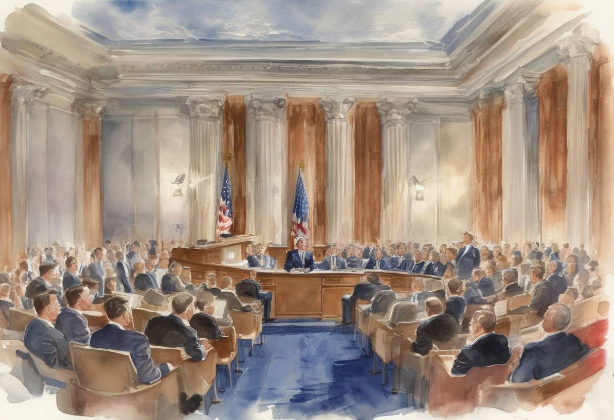 Watercolor painting based depiction of U.S. President John F. Kennedy announces the goal of sending an American to the Moon before the end of the decade in a speech to Congress. (1961)