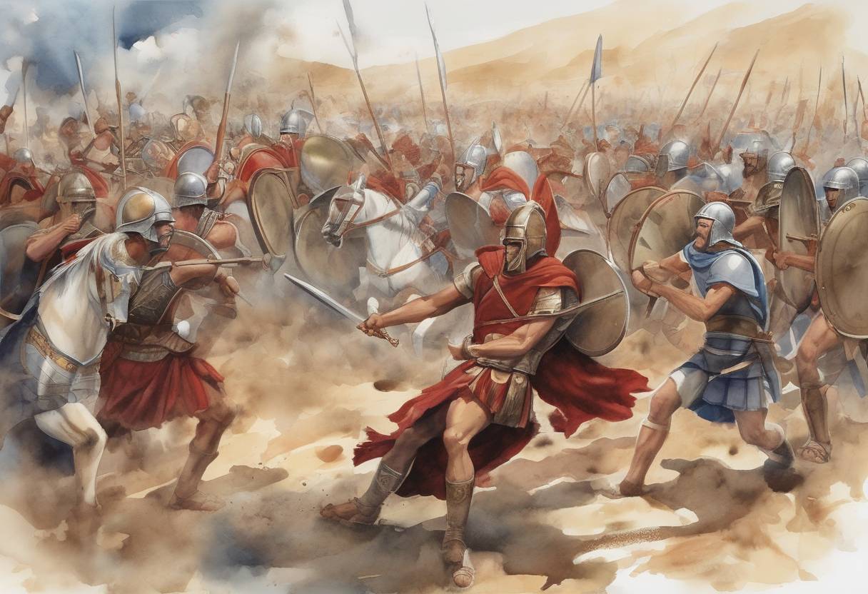 Watercolor painting based depiction of The Battle of Leuctra took place, where the Theban army, led by Epaminondas, defeated the Spartans, marking a significant shift in Greek power dynamics. (371)