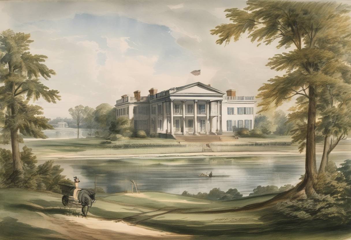 Watercolor painting based depiction of The Residence Act is signed into law, establishing a site along the Potomac River as the District of Columbia and the future capital of the United States. (1790)