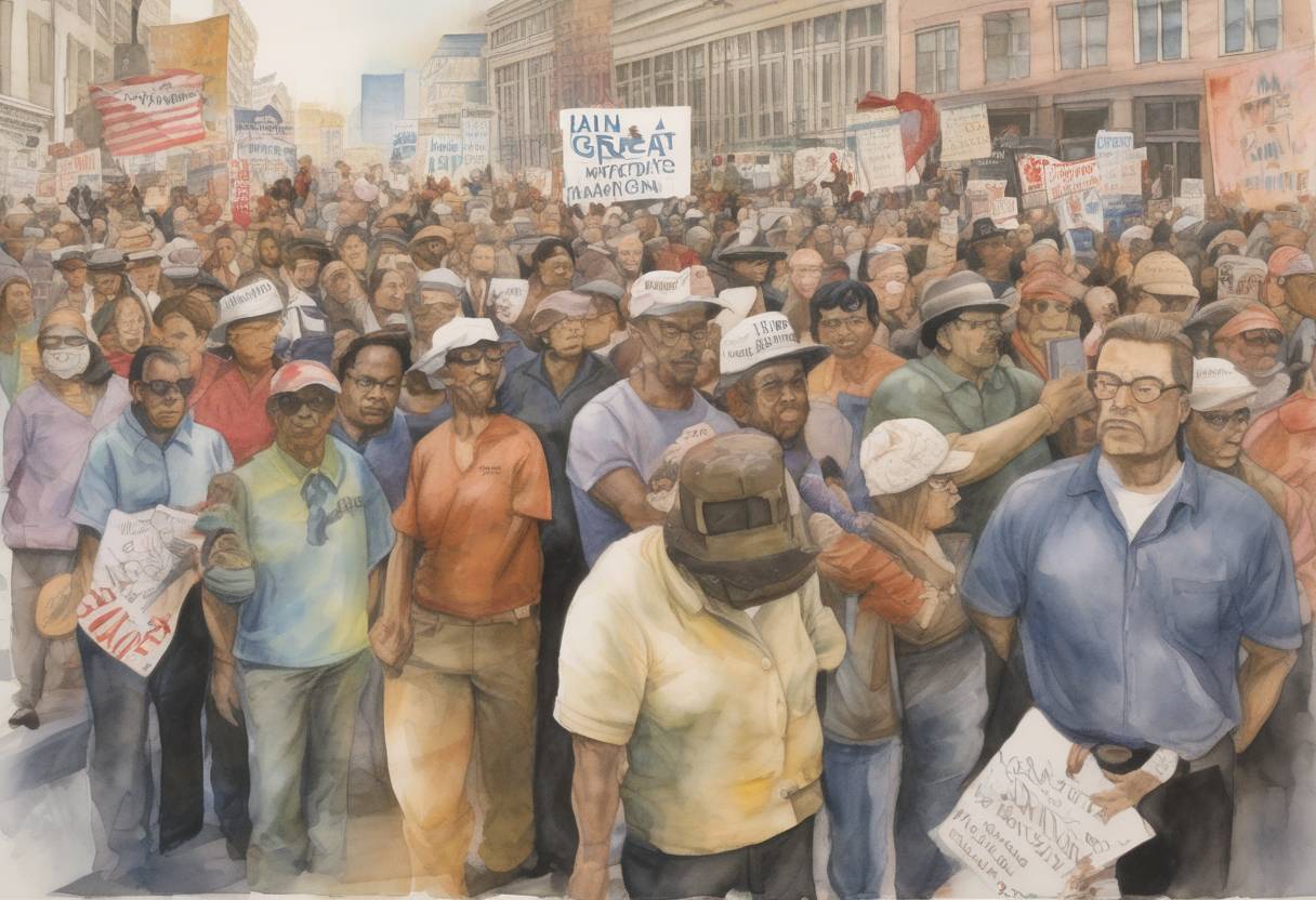 Watercolor painting based depiction of The Great American Boycott, also known as 'A Day Without Immigrants,' took place in the United States, where millions of immigrants and their supporters protested against proposed anti-immigration legislation. (2006)