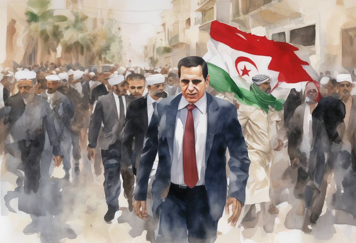 Watercolor painting based depiction of Tunisian President Zine El Abidine Ben Ali flees to Saudi Arabia after a month of protests, marking the first successful ousting of an Arab leader in the Arab Spring. (2011)