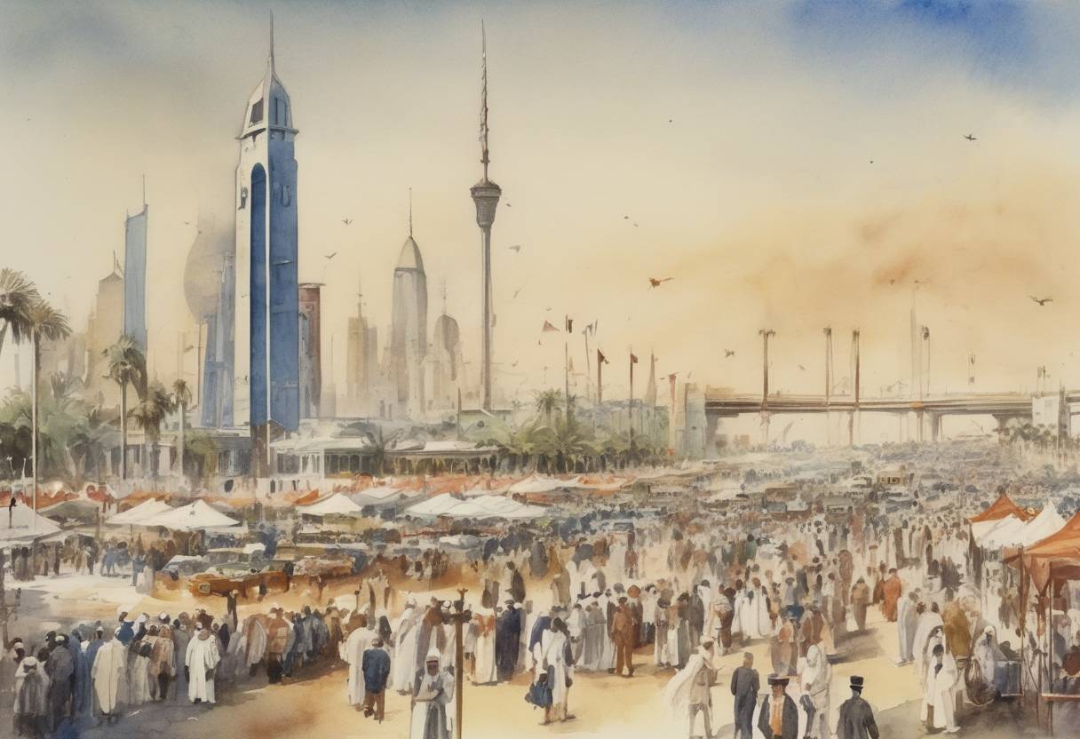 Watercolor painting based depiction of Kuwait declares independence from the United Kingdom, ending its status as a British protectorate. (1961)