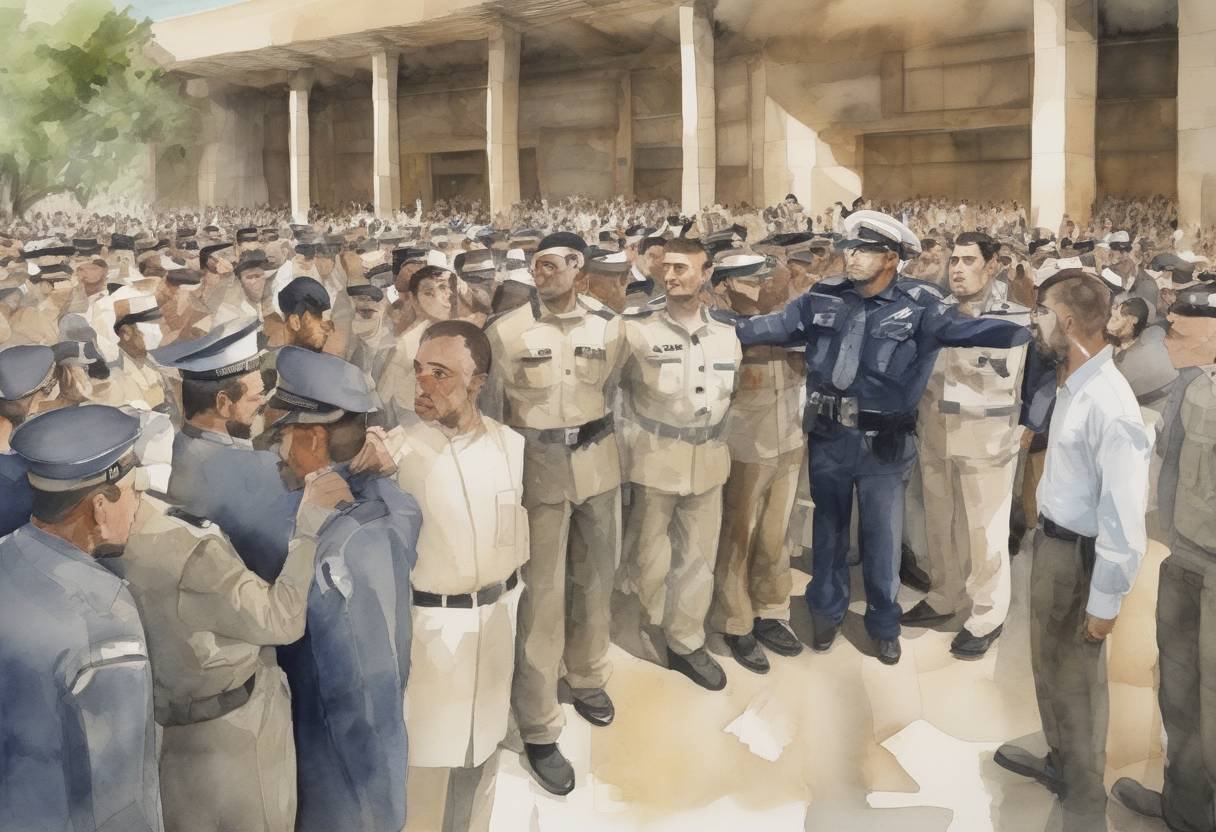 Watercolor painting based depiction of A suicide bomber attacks a police graduation ceremony in Baghdad, Iraq, killing at least 28 people and injuring dozens more. (2010)