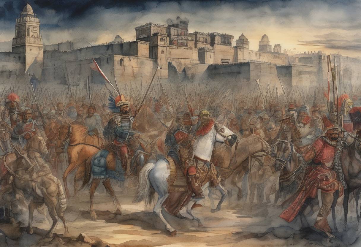 Watercolor painting based depiction of The Spanish conquistadors, led by Hernán Cortés, experienced La Noche Triste (The Night of Sorrows) as they attempted to escape from Tenochtitlán, the Aztec capital, facing heavy resistance and suffering significant losses. (1520)