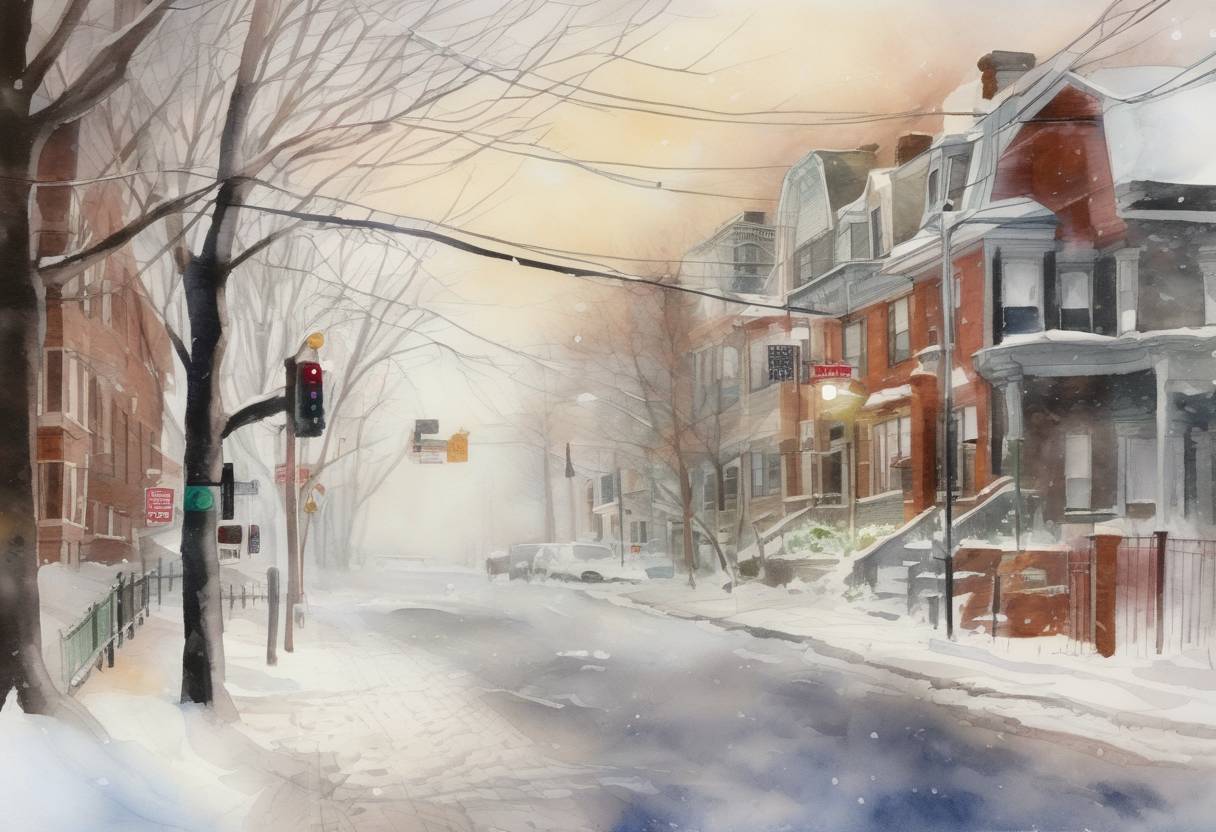 Watercolor painting based depiction of A blizzard, later named Winter Storm Nemo, hit the northeastern United States and parts of Canada, causing widespread power outages and significant snowfall, with some areas receiving over 30 inches of snow. (2013)