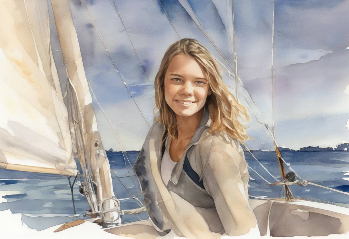 Watercolor painting based depiction of Jessica Watson, a 16-year-old Australian sailor, became the youngest person to sail solo, non-stop, and unassisted around the world. (2010)