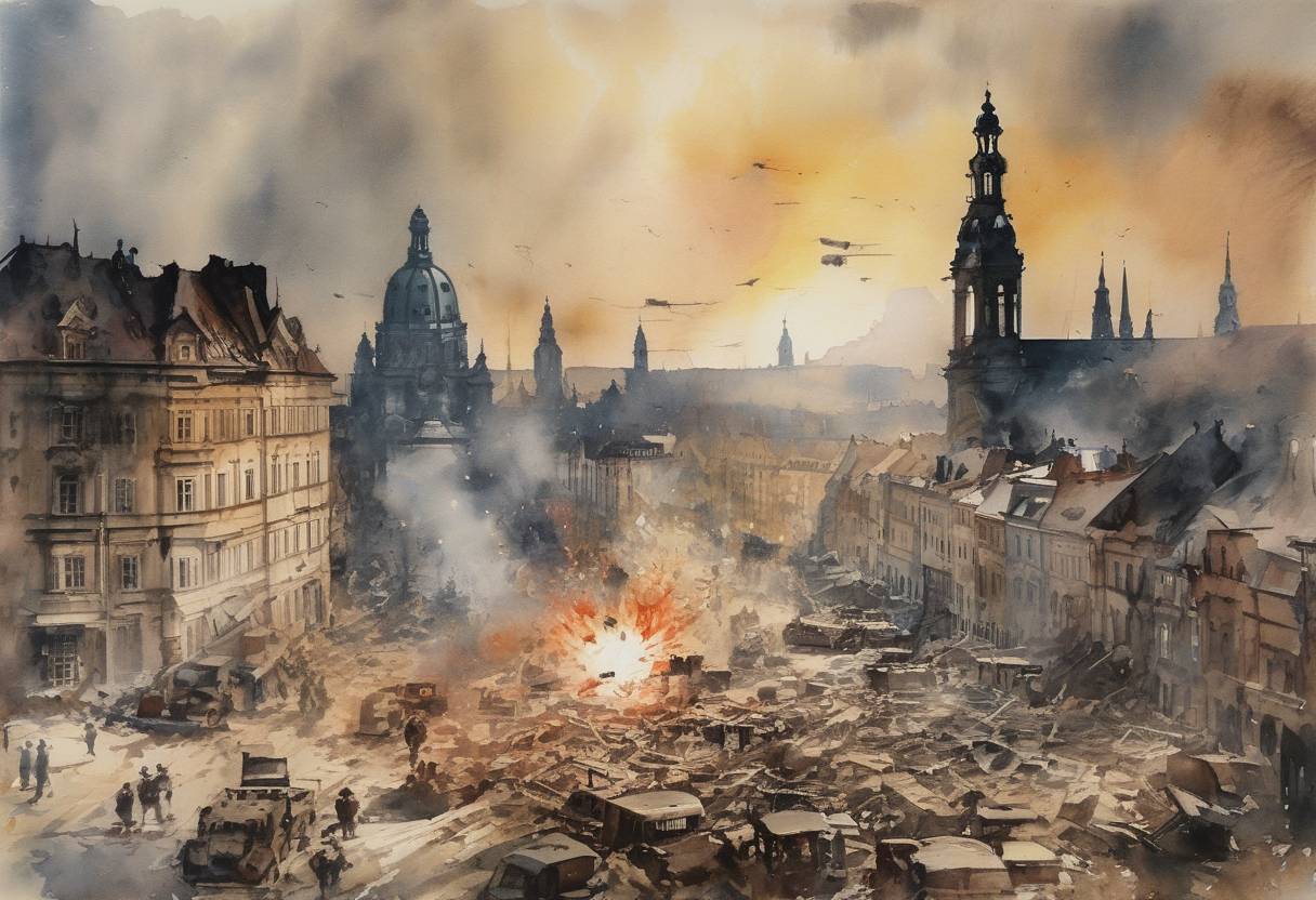Watercolor painting based depiction of The bombing of Dresden by Allied forces began during World War II, resulting in a devastating firestorm. (1945)