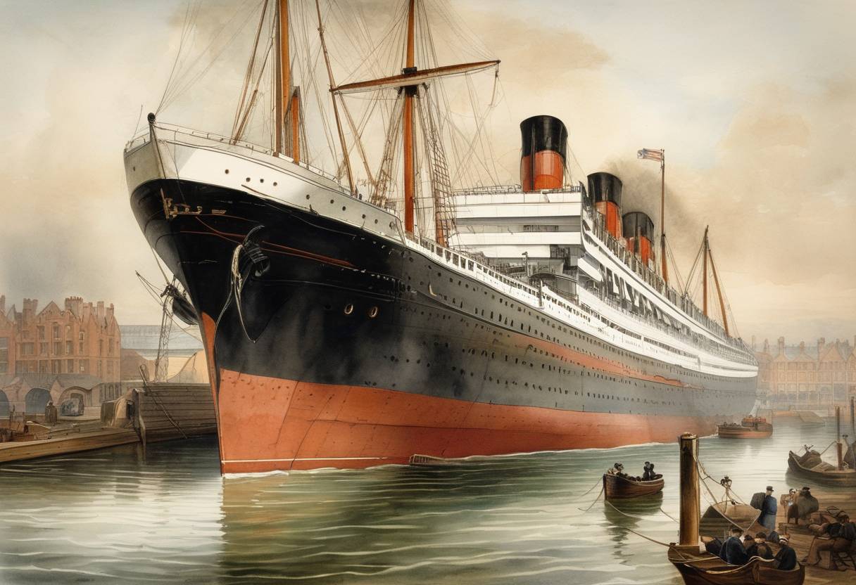 Watercolor painting based depiction of The British White Star Line's ship, RMS Oceanic, was launched from the dock at Stephen's Yard in Belfast. (1873)
