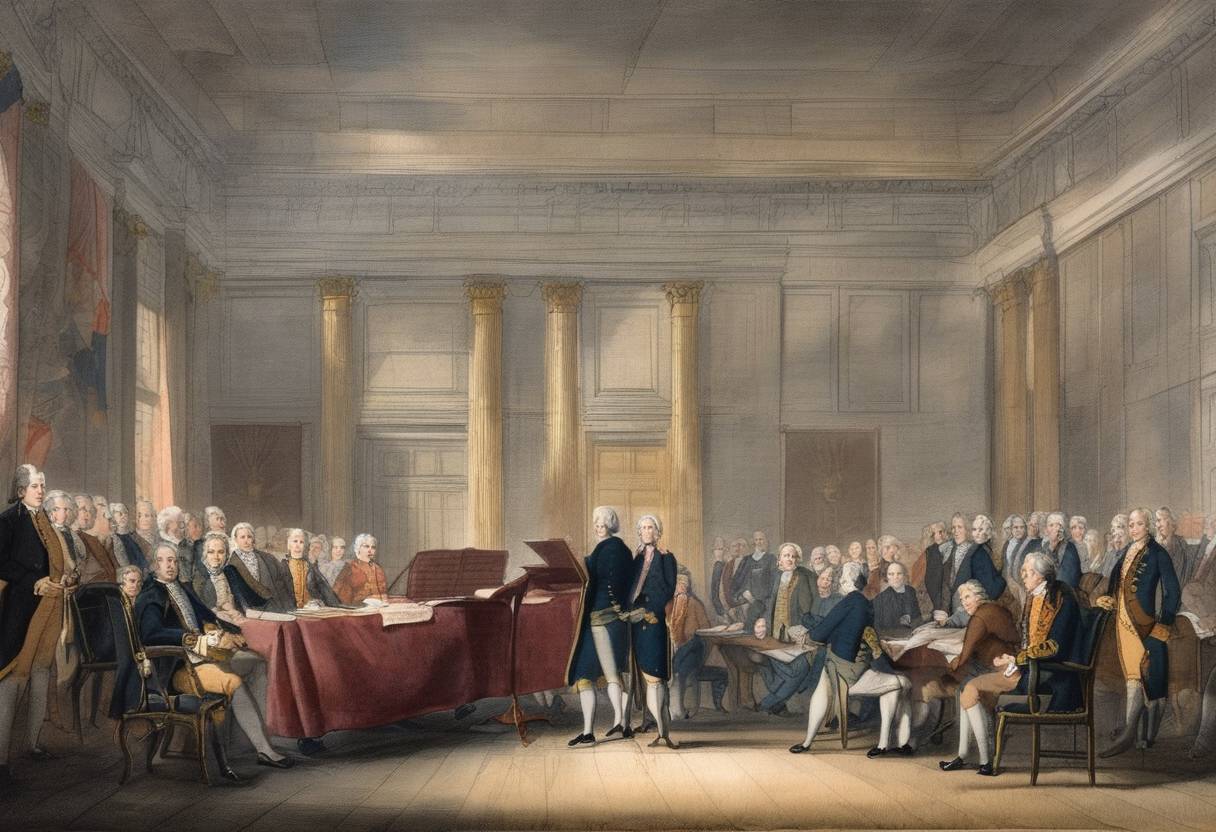 Watercolor painting based depiction of North Carolina ratifies the United States Constitution and is admitted as the 12th U.S. state. (1789)