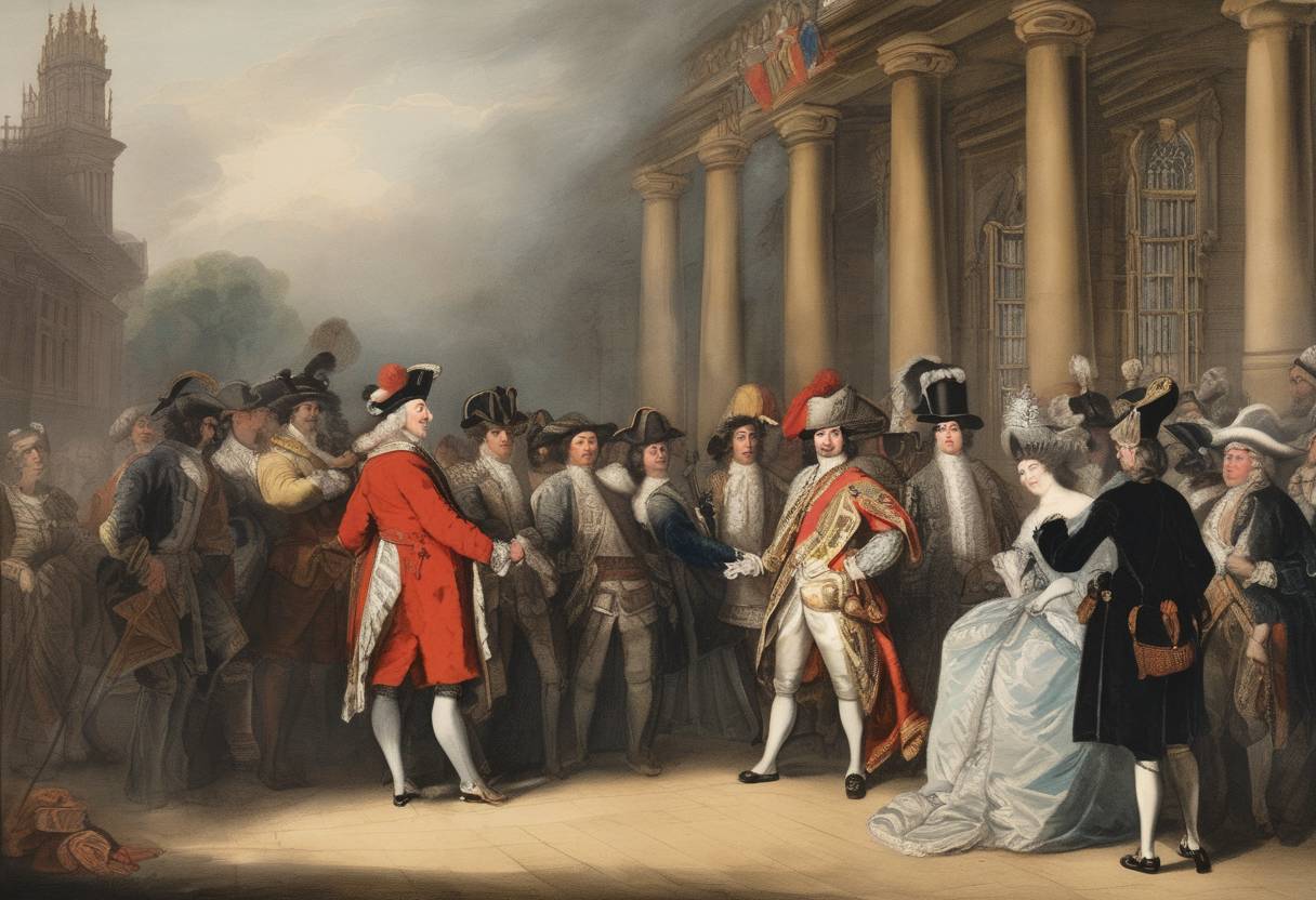 Watercolor painting based depiction of The Loveday held in London marks an attempt by King James I of England to reconcile the court factions of Lord Chancellor Thomas Marlborough and Viscount Wimbledon. (1717)