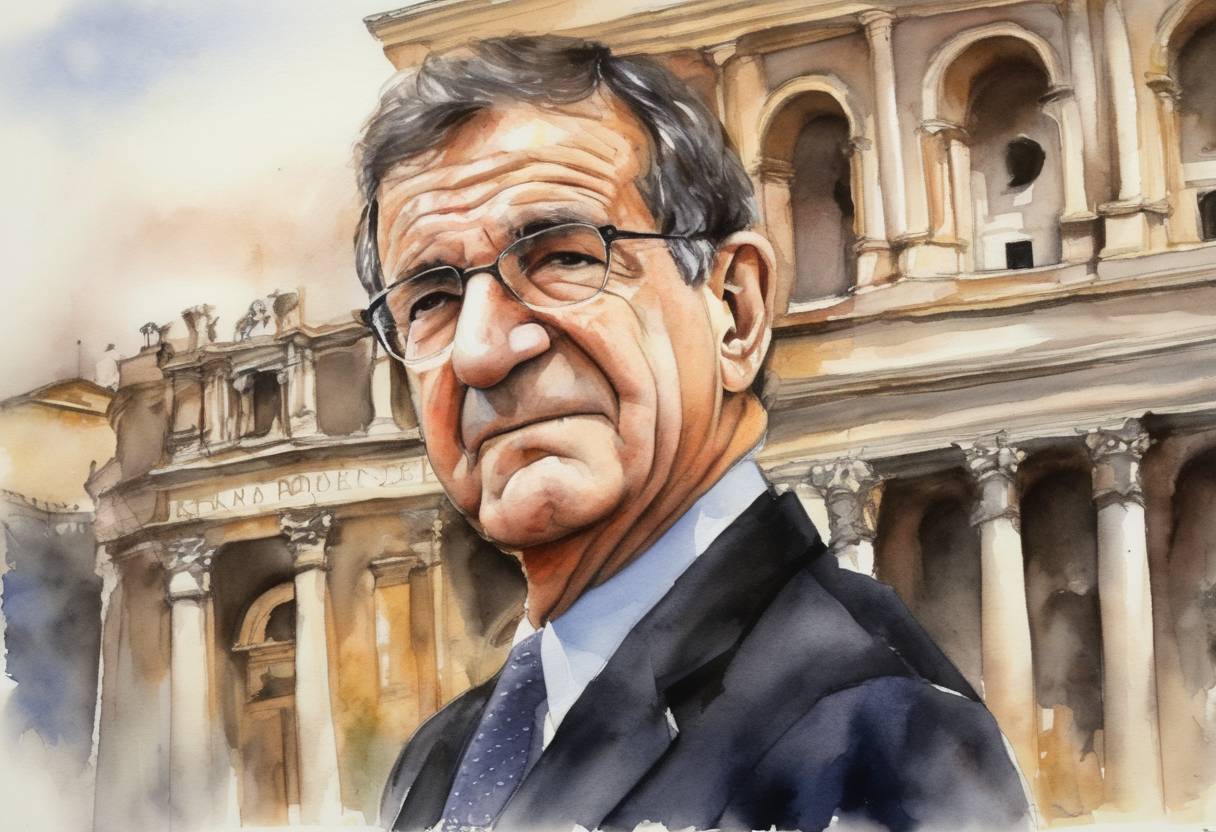 Watercolor painting based depiction of Italy's Prime Minister Romano Prodi resigned after losing a crucial foreign policy vote in the Senate, which led to the temporary collapse of his government. (2007)