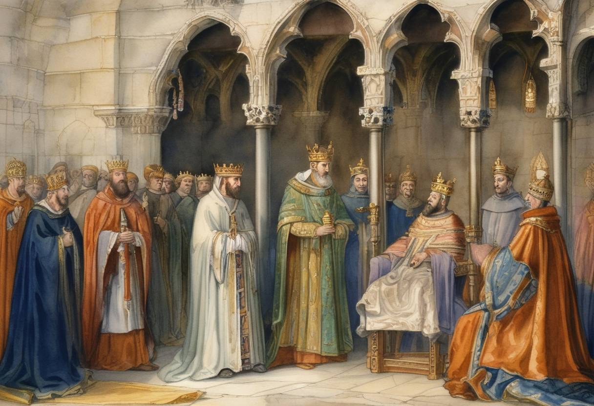 Watercolor painting based depiction of Henry II of England was ordered by Pope Alexander III to build a monastery in Ireland as penance for the murder of Thomas Becket. (1172)