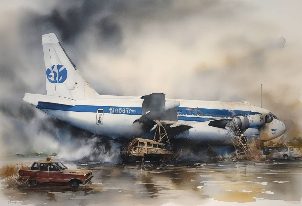 Watercolor painting based depiction of The Pan Am Flight 759 crashed in Kenner, Louisiana shortly after takeoff due to wind shear caused by a microburst, leading to the deaths of all 145 on board and 8 people on the ground. (1982)