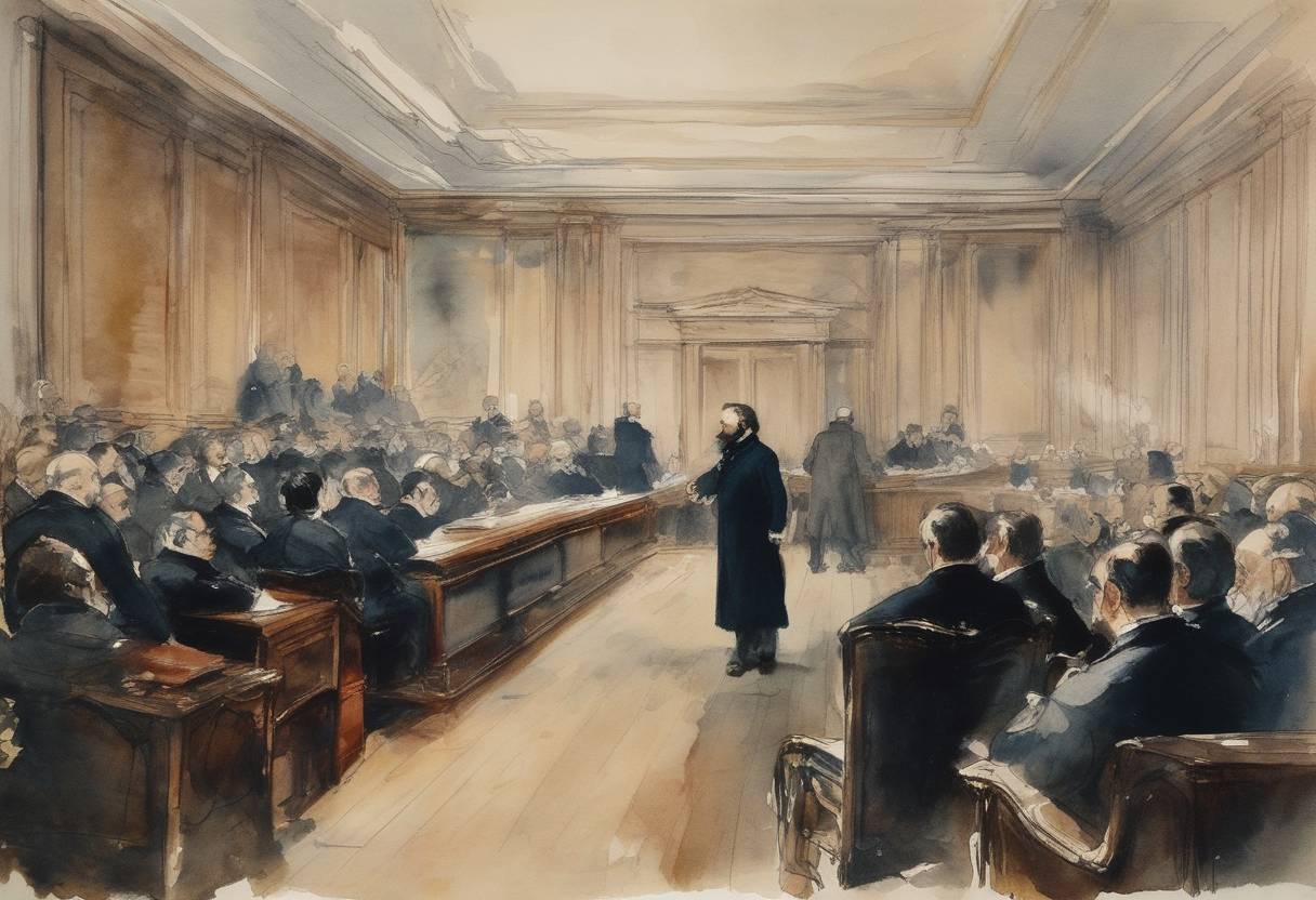 Watercolor painting based depiction of Émile Zola was brought to trial for libel for publishing 'J'accuse', an open letter that accused the French government of anti-Semitism and wrongful conviction of Alfred Dreyfus. (1898)