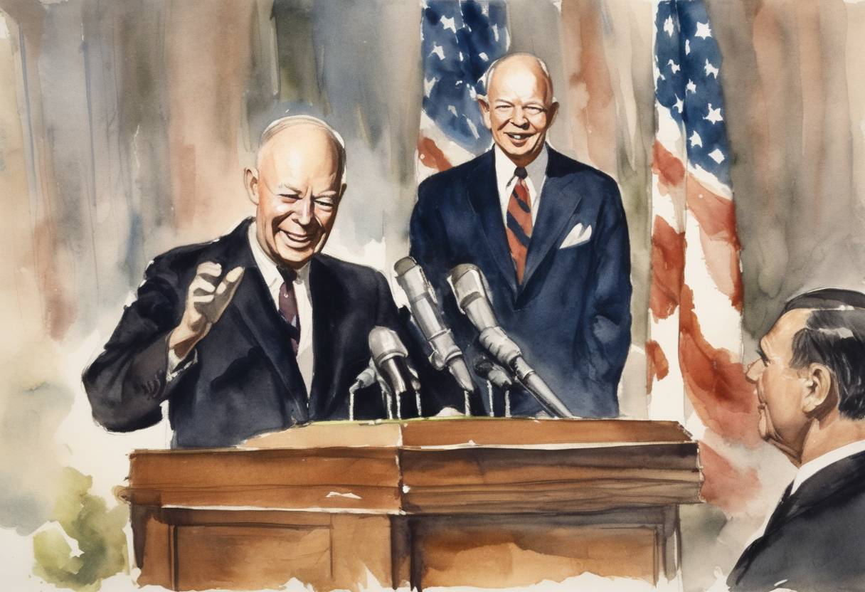 Watercolor painting based depiction of Dwight D. Eisenhower is re-elected President of the United States, defeating Adlai Stevenson. (1956)