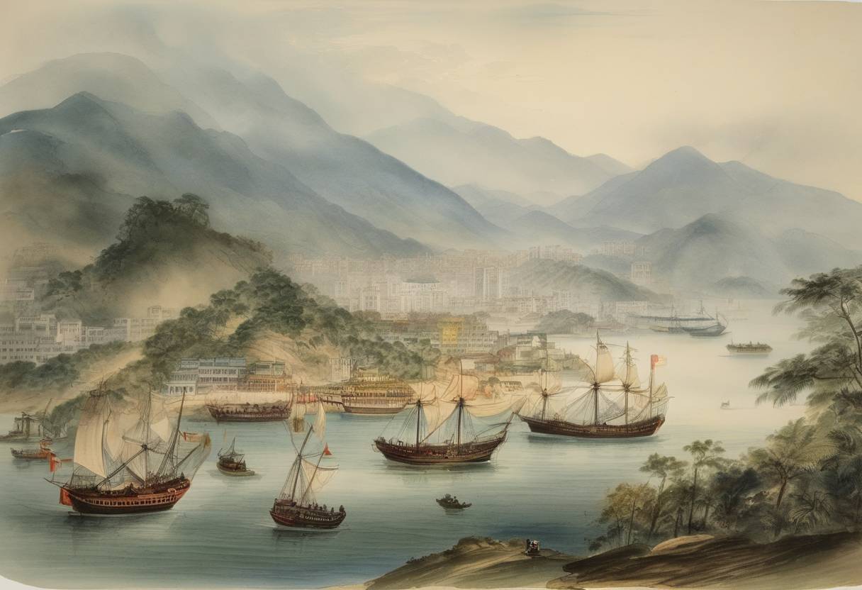 Watercolor painting based depiction of Hong Kong was proclaimed a crown colony of the British Empire. The island had been ceded to Britain in 1841, during the First Opium War, and its formal governance now marked the start of a significant chapter in colonial and global trade history. (1843)