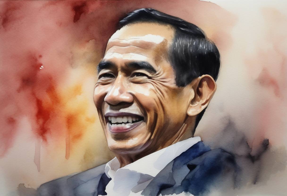 Watercolor painting based depiction of Indonesian President Joko Widodo is re-elected for a second term after prevailing in the presidential election. (2019)
