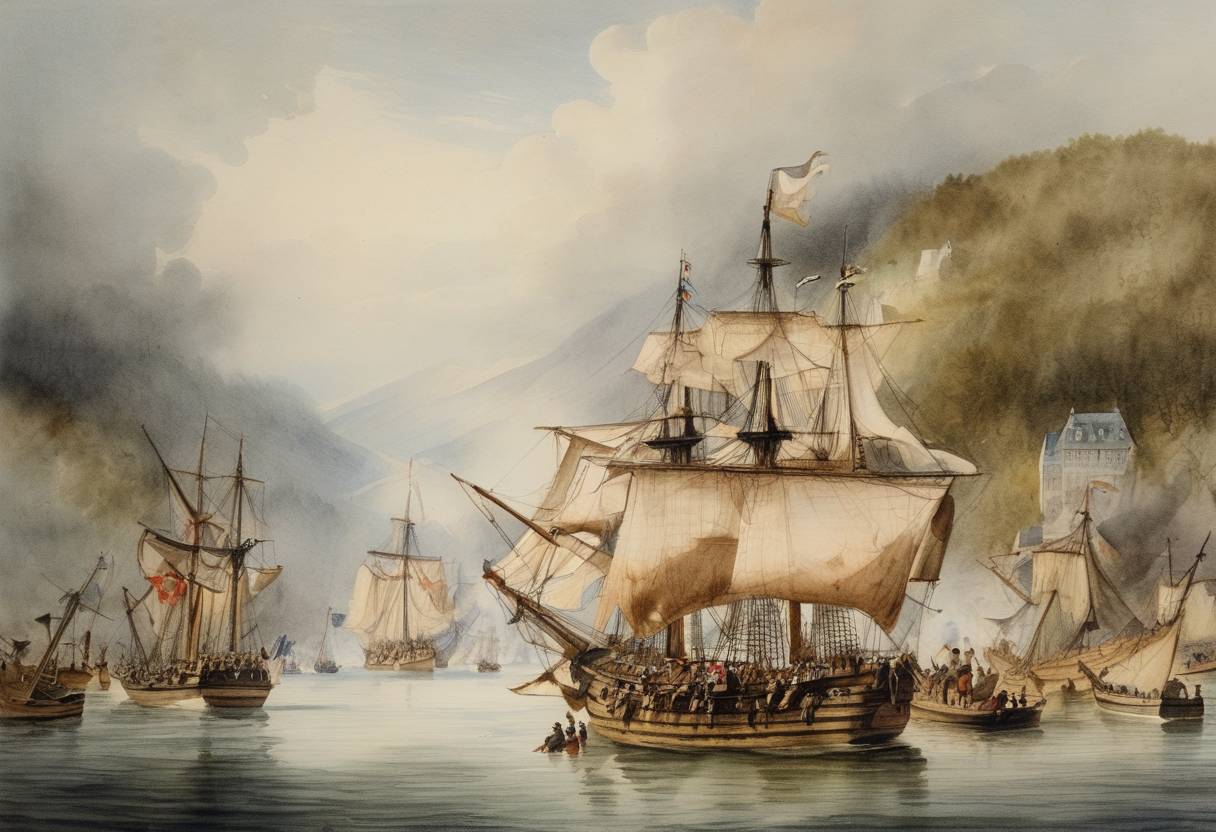 Watercolor painting based depiction of General William Phips led an expedition to capture Quebec from the French, but the effort was thwarted. This mission was part of King William's War, which saw colonial American and English forces attempt to seize territory from New France. (1689)