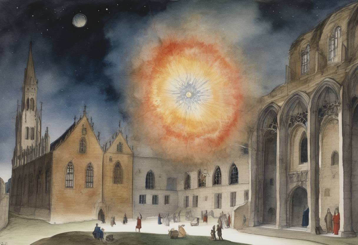 Watercolor painting based depiction of Tycho Brahe observed the supernova SN 1572 from Herrevad Abbey, recording one of the most famous celestial events of the second millennium, which challenged the prevailing Aristotelian view of an unchangeable universe. (1572)