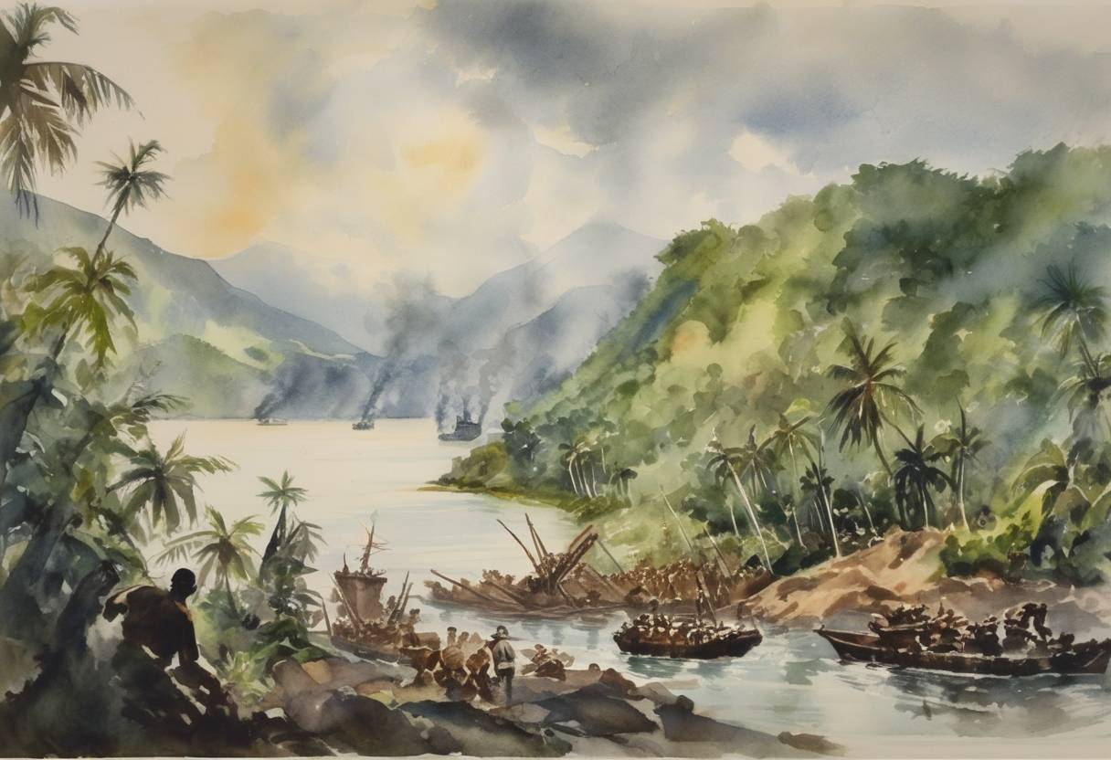 Watercolor painting based depiction of Battle of Rabaul occurred on the island of New Britain, as Japanese forces captured the city, strategically enhancing their position in the Pacific Theater during World War II. (1942)