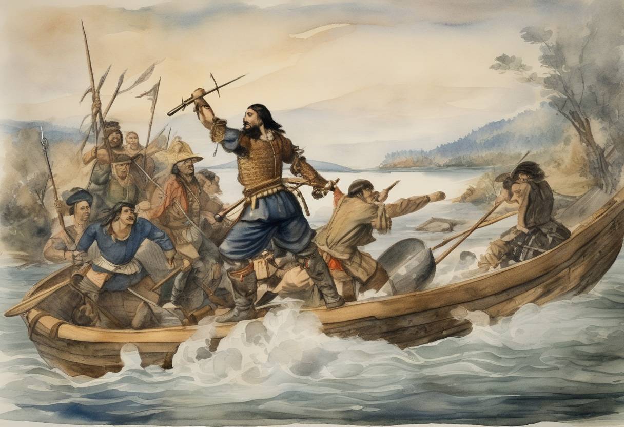 Watercolor painting based depiction of Samuel de Champlain engages in a battle against the Iroquois, marking one of the first documented uses of firearms by Europeans in North America. (1609)