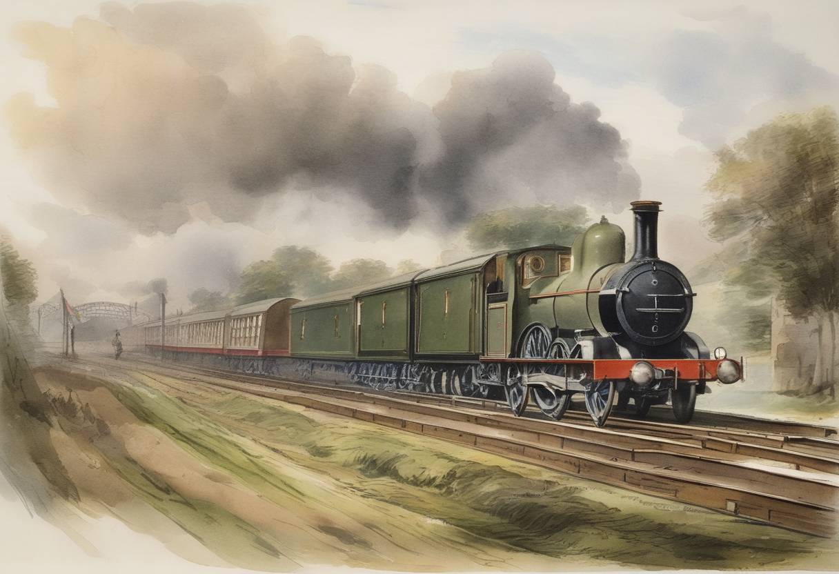 Watercolor painting based depiction of The first known railway timetable is published by the Stockton and Darlington Railway Company in England to outline the train service from Stockton to Darlington. (1820)