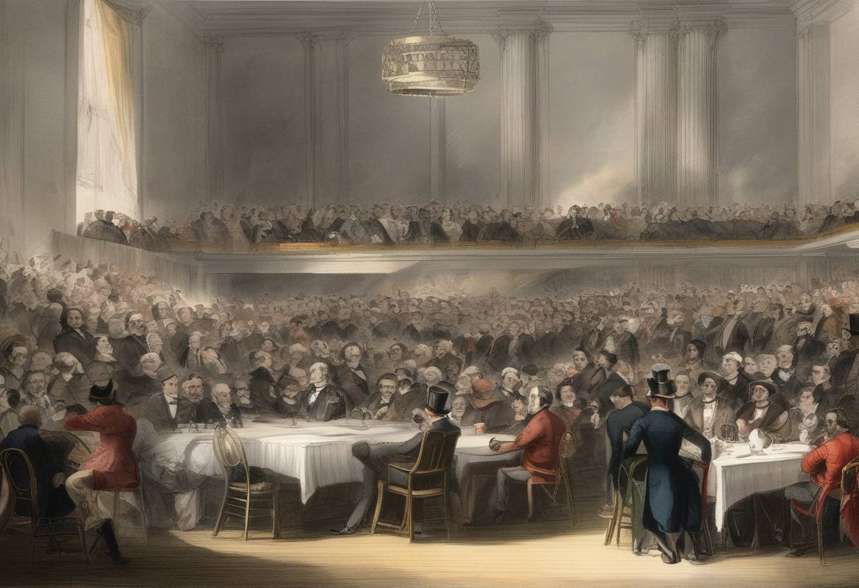 Watercolor painting based depiction of The American Party, also known as the Know Nothing movement, convened in New York City for its first public convention. The party was primarily anti-immigrant and anti-Catholic, gaining short-lived prominence in American politics. (1854)