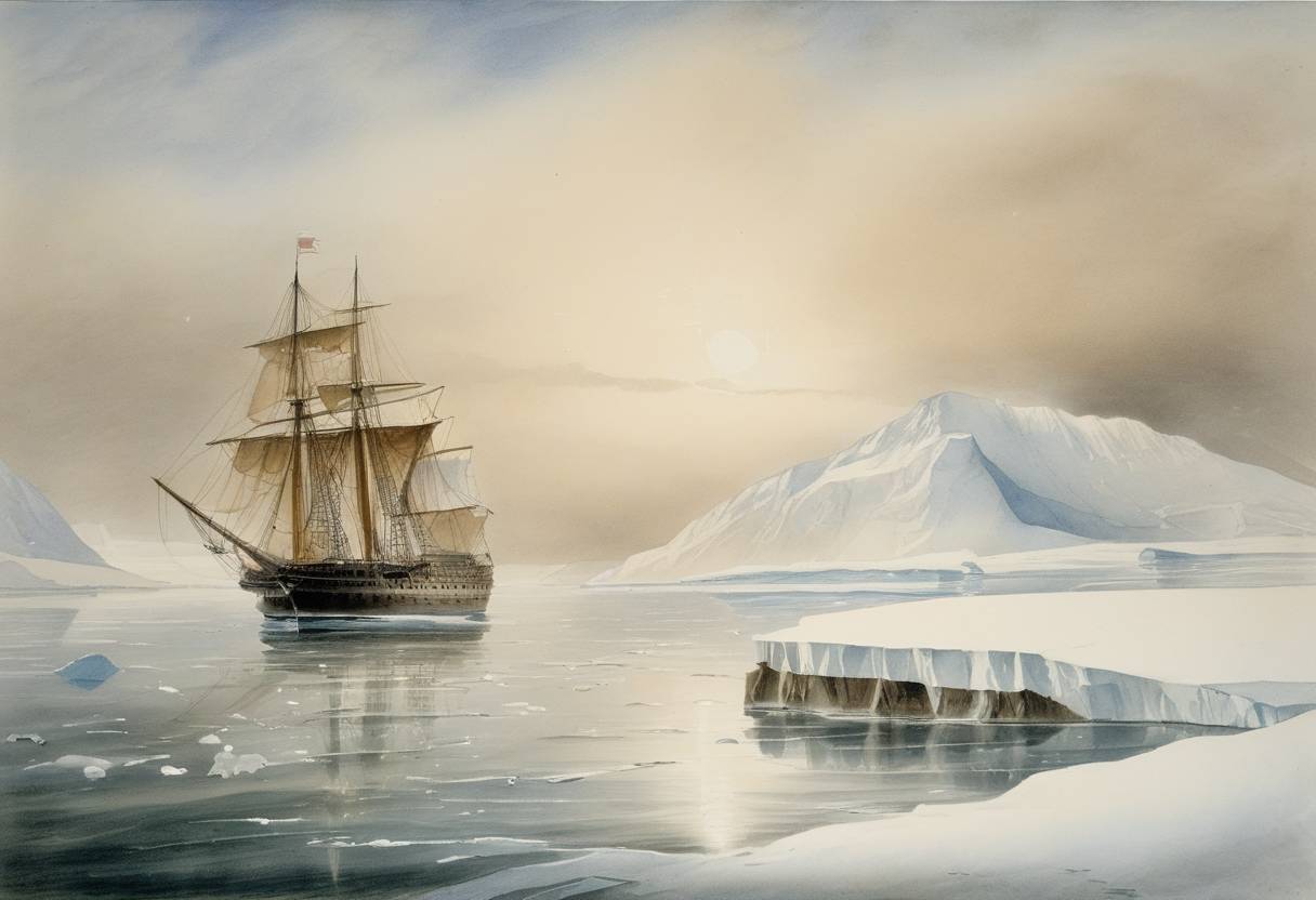 Watercolor painting based depiction of The Antarctic continent was first discovered by the Russian expedition led by Fabian Gottlieb von Bellingshausen and Mikhail Lazarev on the ships Vostok and Mirny. (1820)