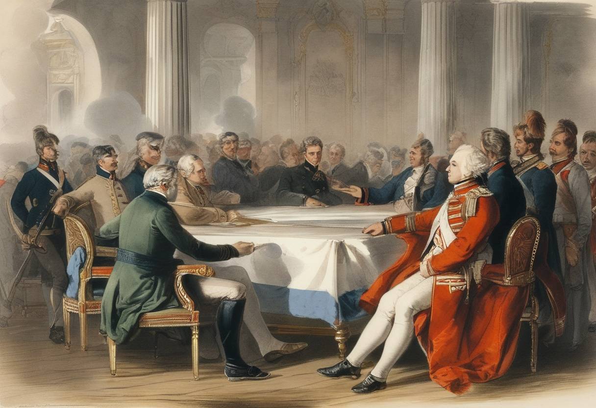 Watercolor painting based depiction of The Treaty of Tilsit is signed between Napoleonic France and Russia, establishing the two powers as allies and reorganizing numerous European territories. (1807)