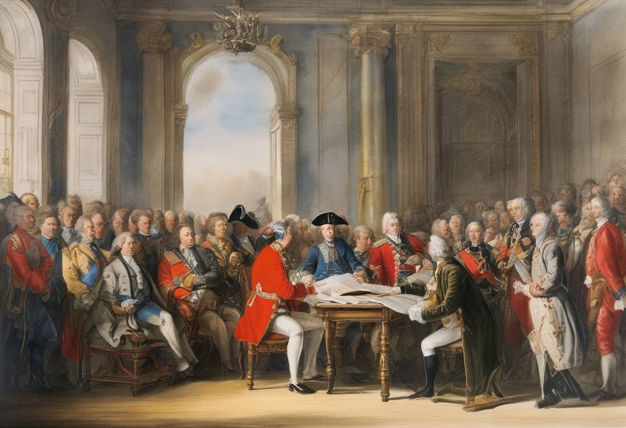 Watercolor painting based depiction of The Treaty of Stockholm was signed between Sweden and Prussia, concluding part of the Great Northern War. (1720)
