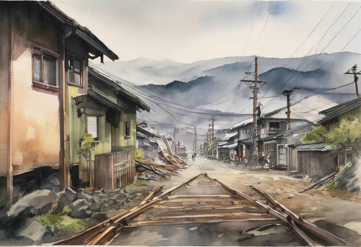 Watercolor painting based depiction of A magnitude 6.8 earthquake strikes Niigata Prefecture, Japan, causing fatalities, injuries, and significant damage to the region. (2004)
