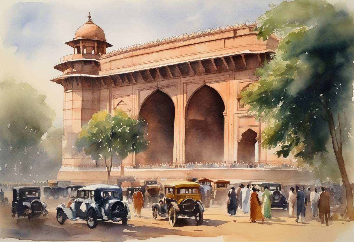 Watercolor painting based depiction of New Delhi was officially inaugurated as the capital city of India, designed by British architects Edwin Lutyens and Herbert Baker during the colonial era. This marked a significant transition in India's urban and administrative landscape. (1931)