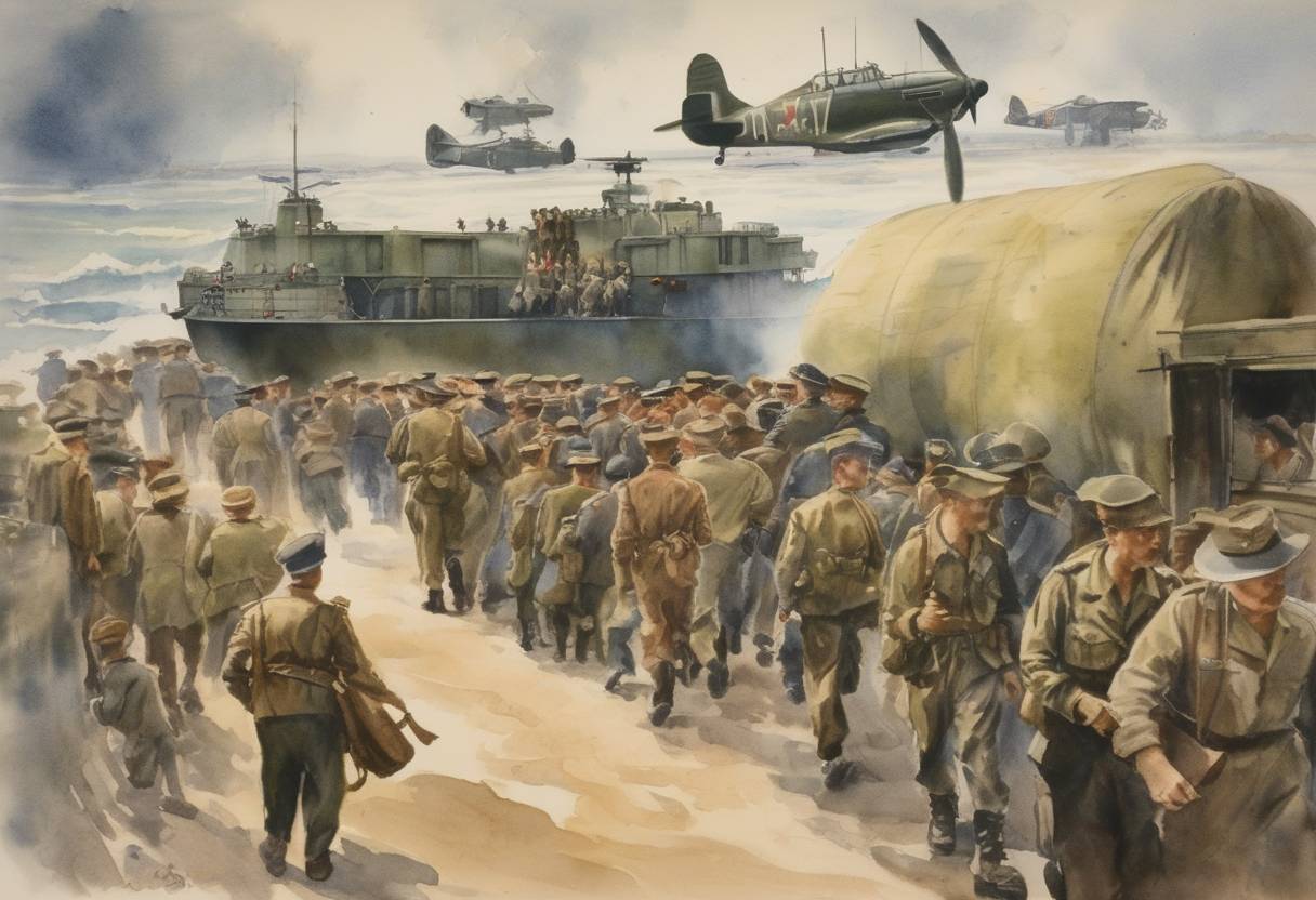 Watercolor painting based depiction of The first U.S. troops arrive in Australia during World War II, marking the beginning of significant U.S. military presence. (1942)