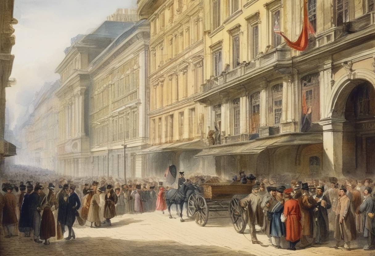 Watercolor painting based depiction of The Austrian Empire abolishes serfdom as part of revolutionary changes sweeping Europe in 1848. (1848)