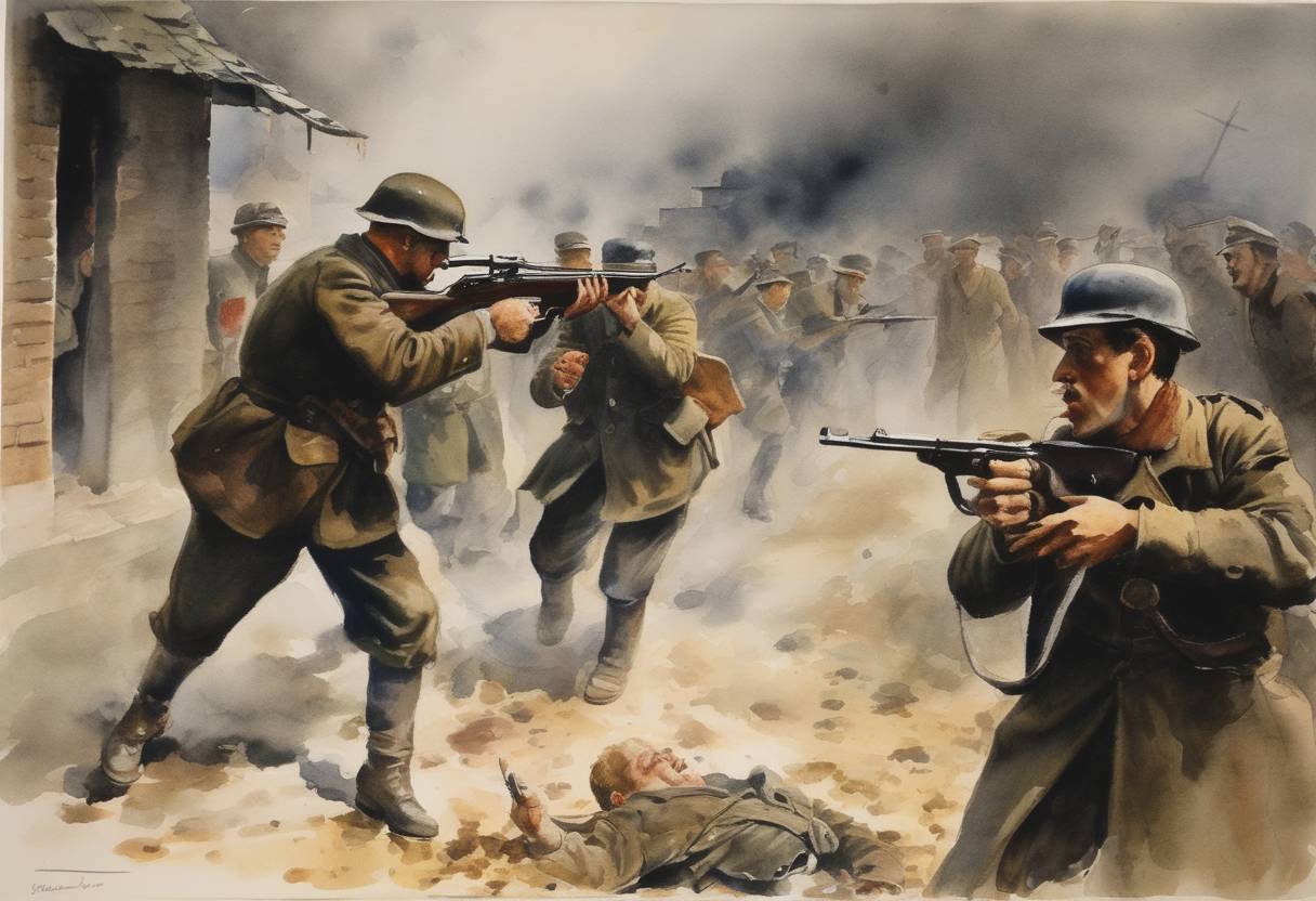 Watercolor painting based depiction of Polish insurgents in the Wola district of Warsaw encounter a massacre by units under the command of SS-Gruppenführer Heinz Reinefarth and Oskar Dirlewanger. (1944)