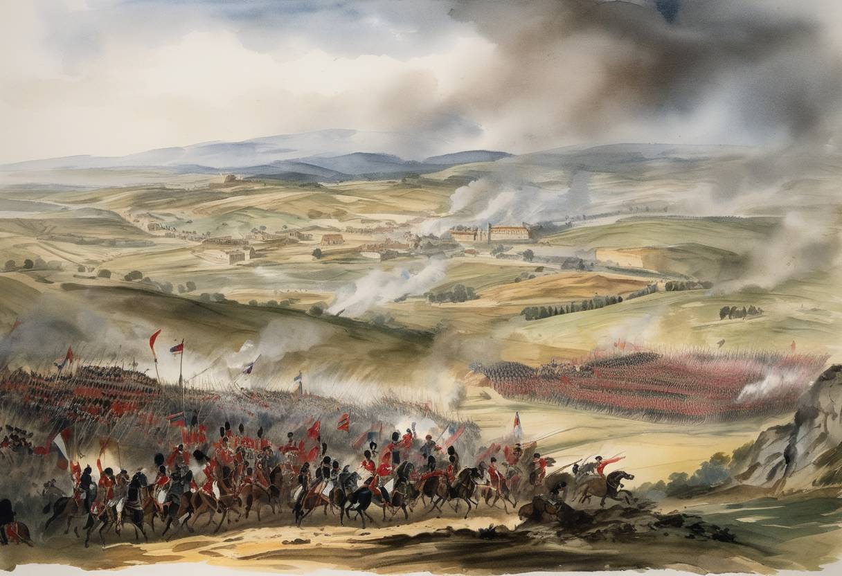 Watercolor painting based depiction of The Battle of Salamanca, a major engagement of the Peninsular War, is fought between the Anglo-Portuguese alliance led by the Duke of Wellington and French forces near Salamanca, Spain. (1812)