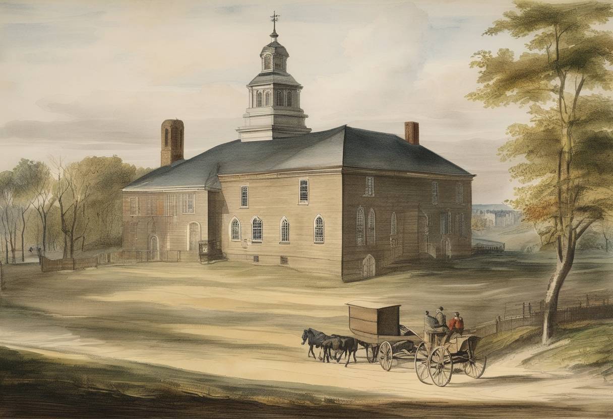 Watercolor painting based depiction of The city of Hartford, Connecticut, was founded by Reverend Thomas Hooker to provide a place for a congregation that separated from a church led by Reverend John Davenport in New Haven. (1638)