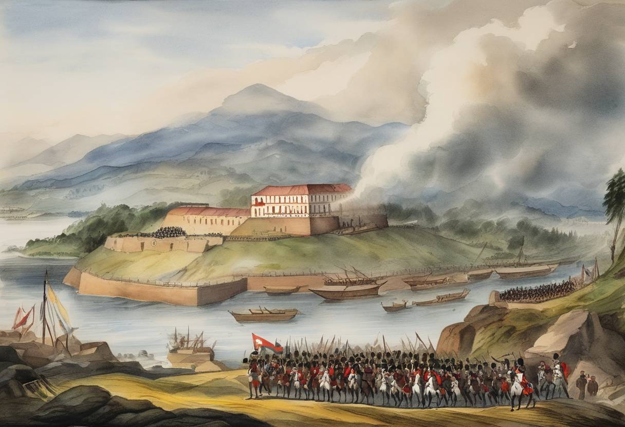 Watercolor painting based depiction of The storming of the fort at Valdivia was part of the Chilean War of Independence. (1839)