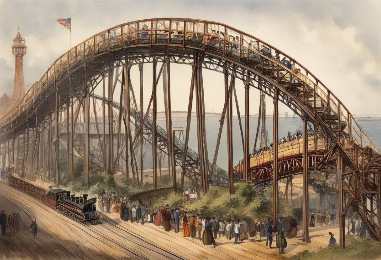 Watercolor painting based depiction of The first roller coaster in America, known as the Switchback Railway, opened at Coney Island in Brooklyn, New York. Designed by LaMarcus Thompson, it sparked a new era of amusement park rides. (1884)