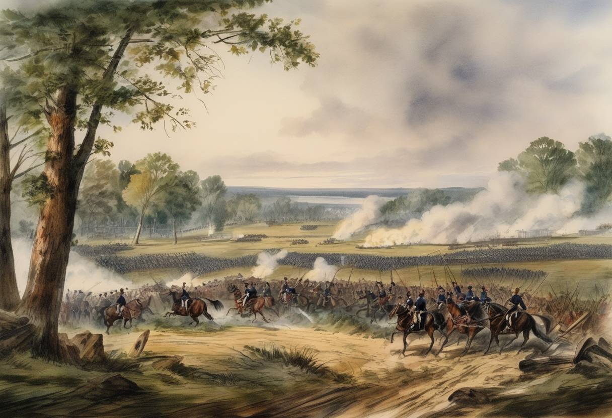 Watercolor painting based depiction of The Battle of Belmont was fought during the American Civil War, marking Ulysses S. Grant's first combat test as a general. Although the Union forces, led by Grant, were initially successful, they ultimately withdrew after encountering Confederate reinforcements. (1861)