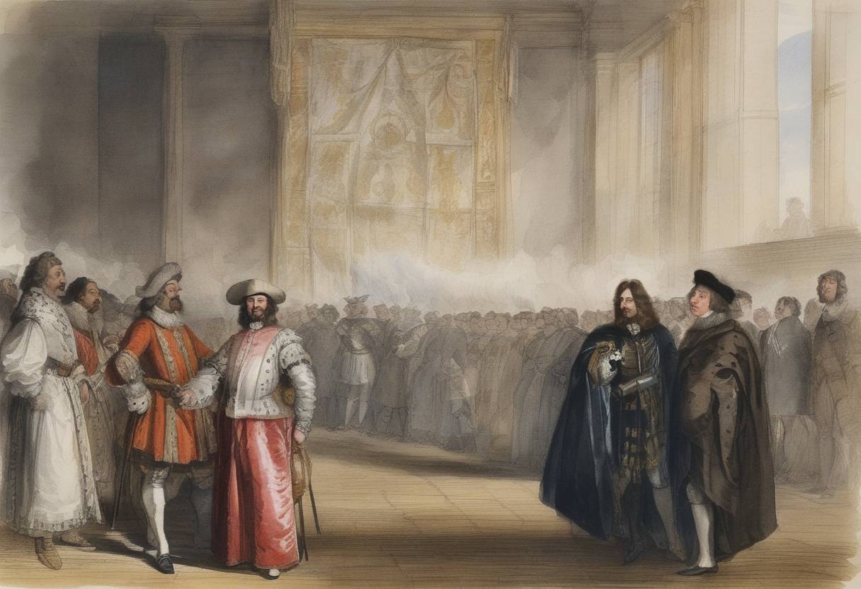 Watercolor painting based depiction of The chief advisor to King Charles I, Thomas Wentworth, 1st Earl of Strafford, is executed. (1641)