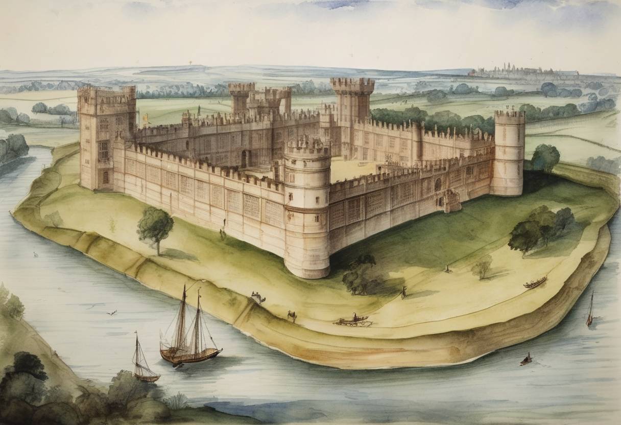 Watercolor painting based depiction of On August 10, 1585, the Treaty of Nonsuch was signed by Elizabeth I of England and representatives of the Dutch rebels fighting against Spanish control. By this treaty, Elizabeth agreed to provide military support for the Dutch revolt against Spanish rule, marking England's official involvement in the Eighty Years' War. (1585)