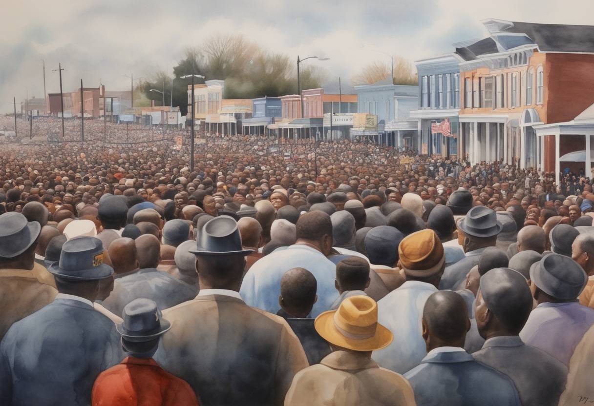 Watercolor painting based depiction of Tens of thousands gathered in Selma, Alabama to commemorate the 50th anniversary of Bloody Sunday, a pivotal moment in the American Civil Rights Movement. (2015)