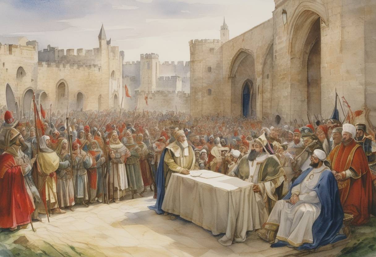 Watercolor painting based depiction of At the Council of Clermont, Pope Urban II makes an influential speech calling for the First Crusade to reclaim the Holy Land from Muslim rule. (1095)