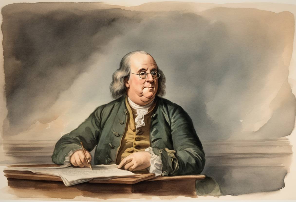 Watercolor painting based depiction of Benjamin Franklin, one of the Founding Fathers of the United States, passed away at the age of 84 in Philadelphia, Pennsylvania. A leading figure in the American Enlightenment, he was instrumental in the American Revolution and was a renowned polymath known for his contributions to science, politics, and literature. (1790)