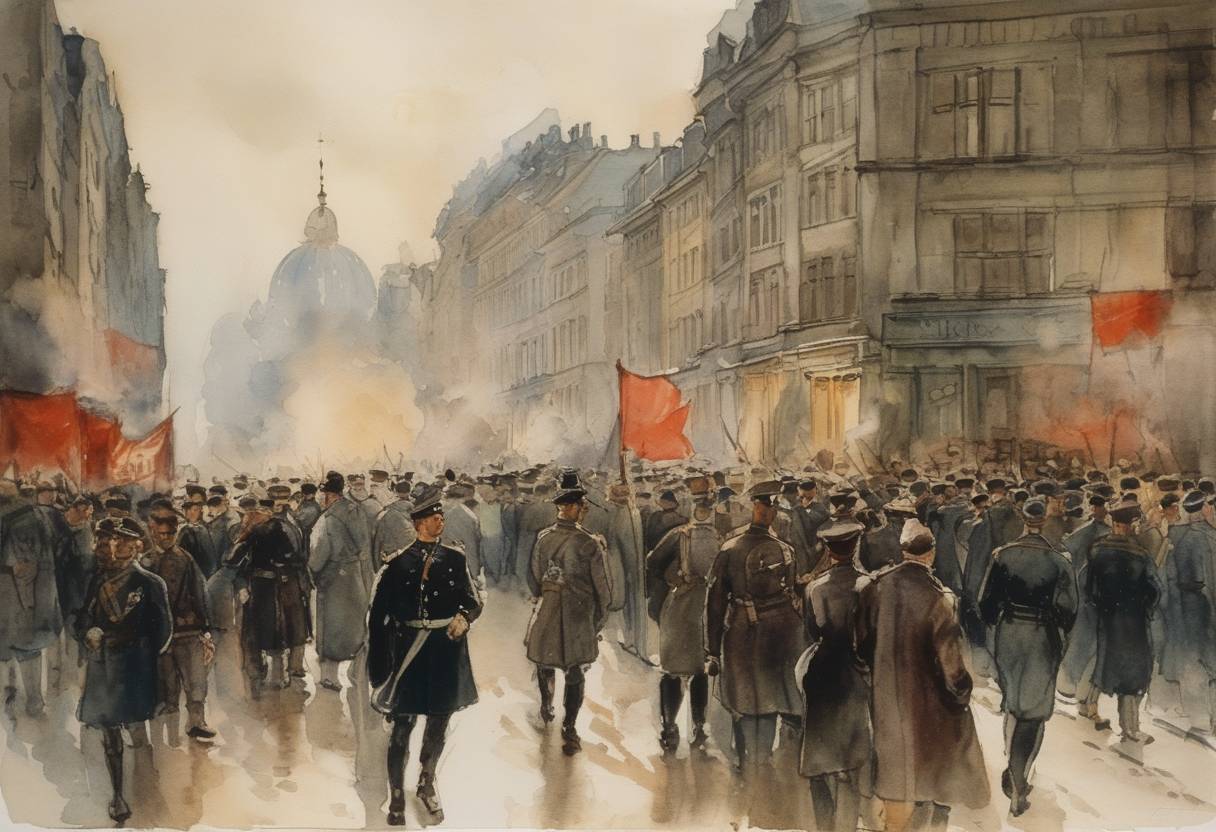 Watercolor painting based depiction of Kapp Putsch begins in Germany in an attempt by right-wing elements to overthrow the Weimar Republic. (1920)