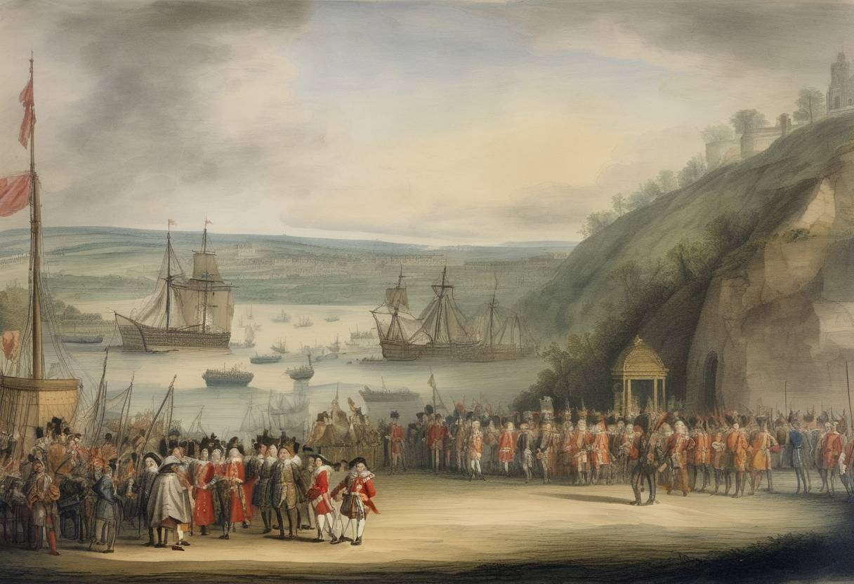 Watercolor painting based depiction of The Treaty of Dover is signed between King Charles II of England and King Louis XIV of France. This secret treaty obliged England to assist France in its war of conquest against the Dutch Republic and marked a significant political and military alliance. (1670)