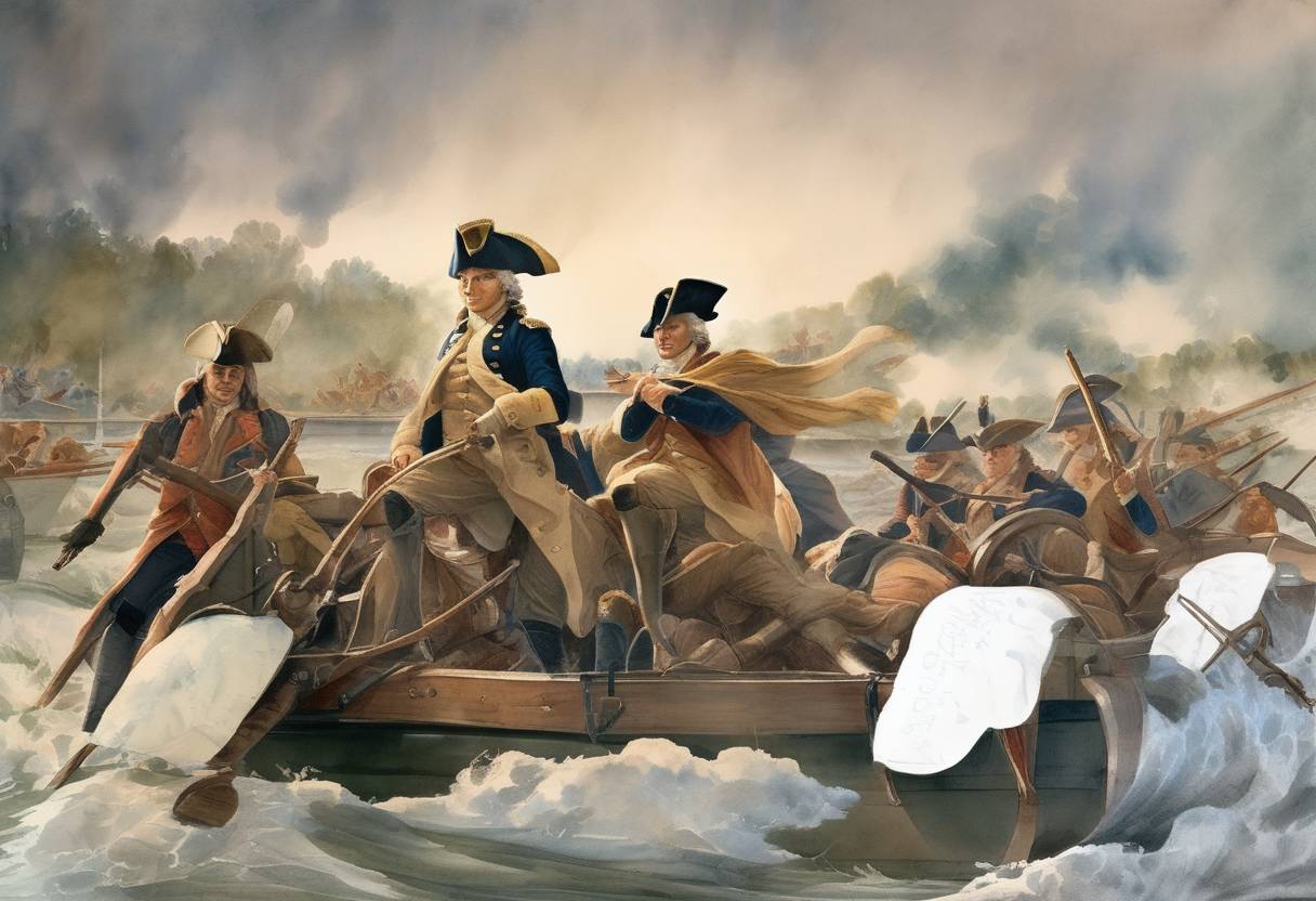 Watercolor painting based depiction of George Washington crossed the Delaware River, leading to a surprise attack against Hessian forces in Trenton, New Jersey, during the American Revolutionary War. (1776)