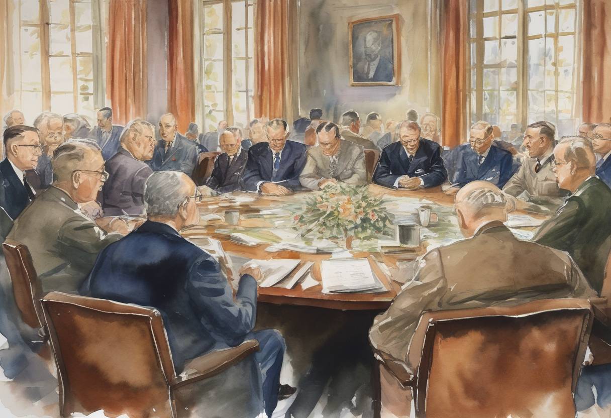 Watercolor painting based depiction of The Potsdam Conference concluded, where Allied leaders met to discuss the post-World War II order in Europe. The conference resulted in the Potsdam Agreement, which outlined the administration of Germany and the establishment of post-war order. (1945)